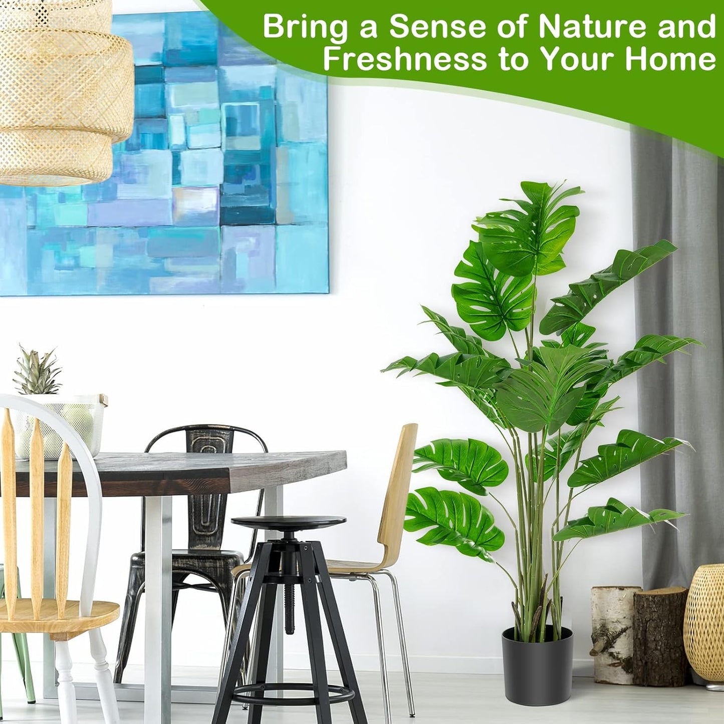 Artificial Monstera Deliciosa Plant, 5ft Potted Faux Tree with 15 Verdant Fake Leaves, Swiss Cheese Plant for Home Decor Indoor, Outdoor, Home, Office, 1 Pack