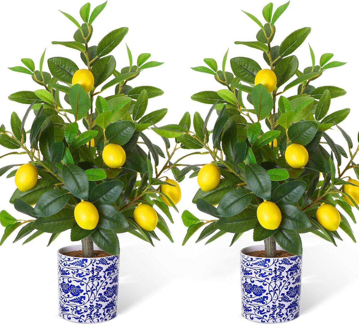 2 Pack Artificial Lemon Tree with Blue and White Vase 22 Inch Fake Faux Lemon Tree in Pot Amalfi Coast Party Table Centerpiece Plants Decor for Capri Mediterranean Wedding Birthday Party