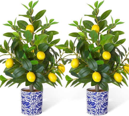 2 Pack Artificial Lemon Tree with Blue and White Vase 22 Inch Fake Faux Lemon Tree in Pot Amalfi Coast Party Table Centerpiece Plants Decor for Capri Mediterranean Wedding Birthday Party
