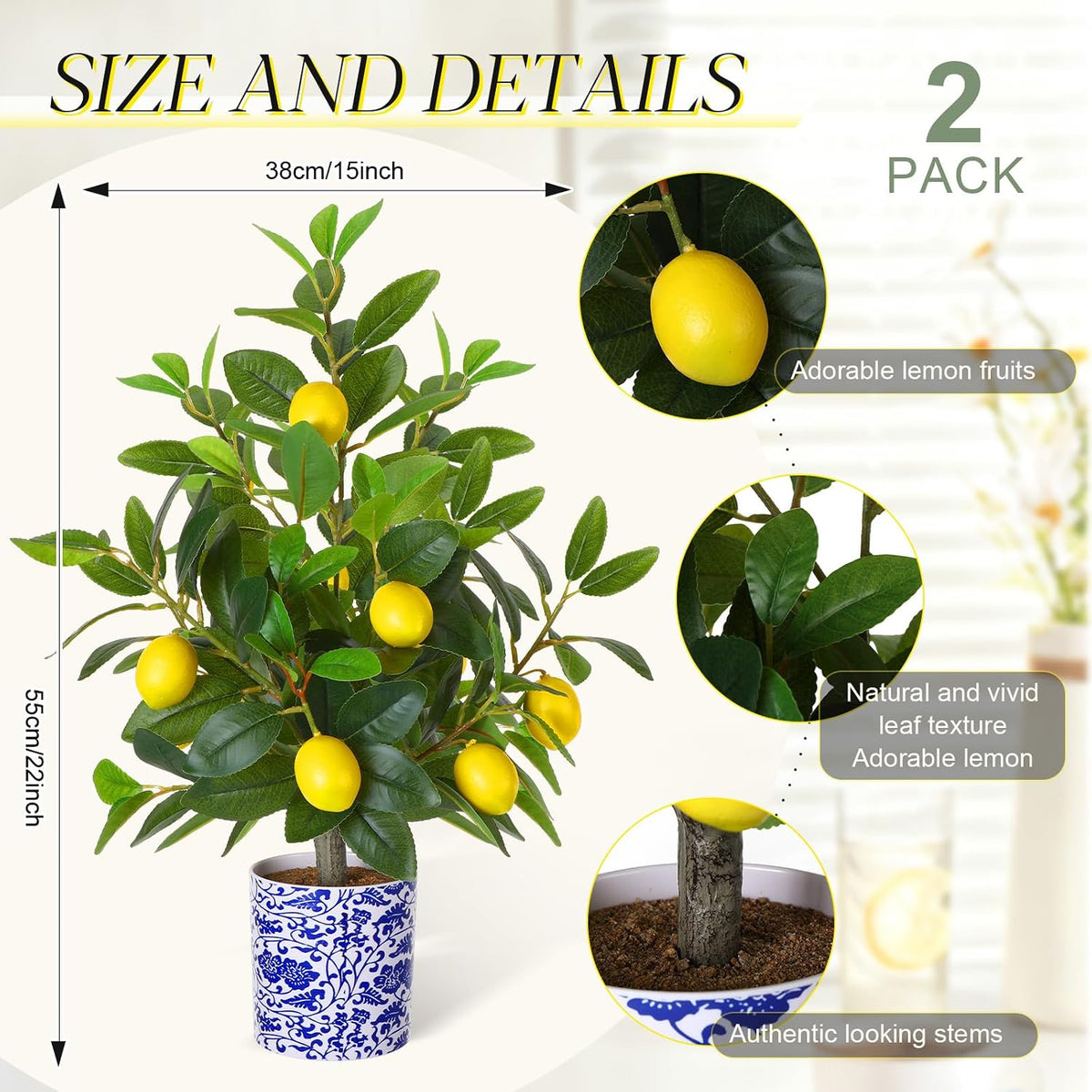 2 Pack Artificial Lemon Tree with Blue and White Vase 22 Inch Fake Faux Lemon Tree in Pot Amalfi Coast Party Table Centerpiece Plants Decor for Capri Mediterranean Wedding Birthday Party