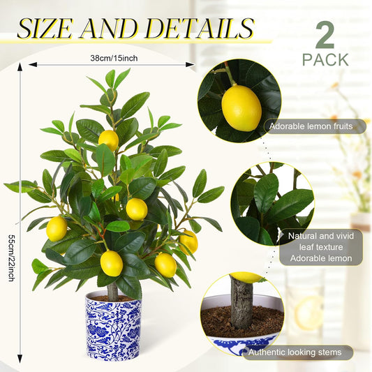 2 Pack Artificial Lemon Tree with Blue and White Vase 22 Inch Fake Faux Lemon Tree in Pot Amalfi Coast Party Table Centerpiece Plants Decor for Capri Mediterranean Wedding Birthday Party