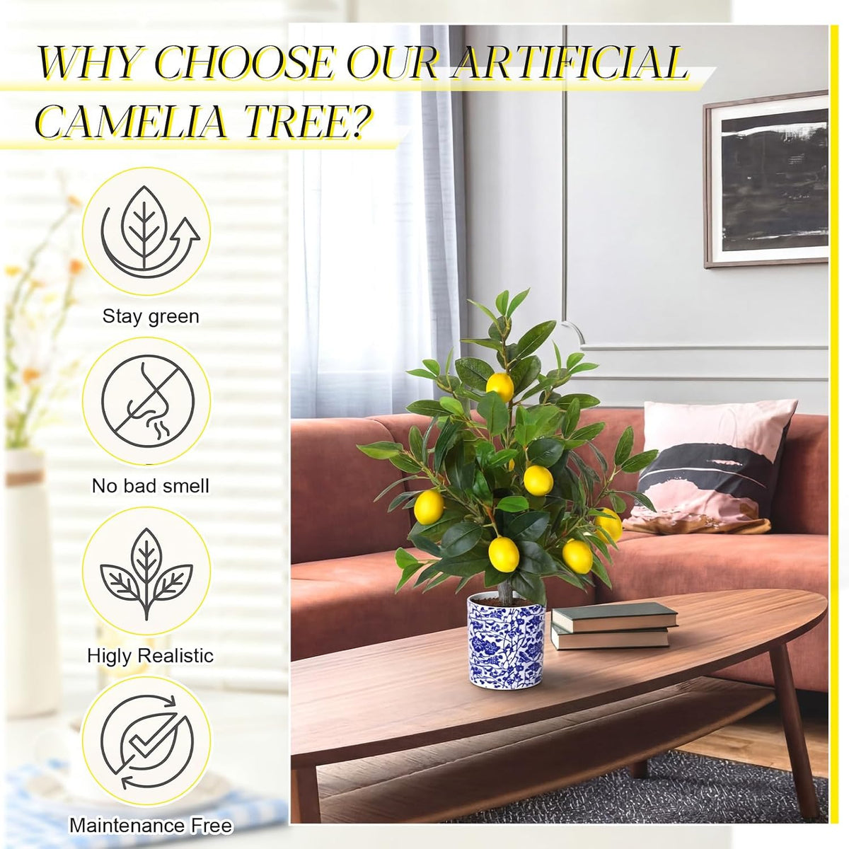 2 Pack Artificial Lemon Tree with Blue and White Vase 22 Inch Fake Faux Lemon Tree in Pot Amalfi Coast Party Table Centerpiece Plants Decor for Capri Mediterranean Wedding Birthday Party
