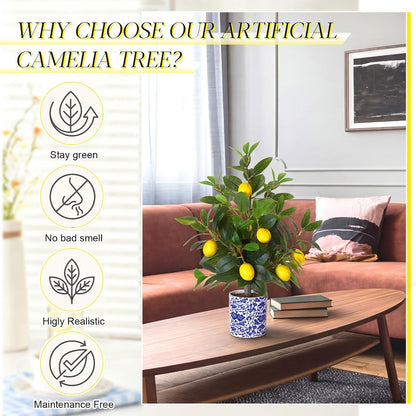 2 Pack Artificial Lemon Tree with Blue and White Vase 22 Inch Fake Faux Lemon Tree in Pot Amalfi Coast Party Table Centerpiece Plants Decor for Capri Mediterranean Wedding Birthday Party
