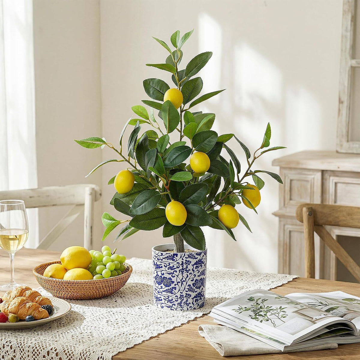 2 Pack Artificial Lemon Tree with Blue and White Vase 22 Inch Fake Faux Lemon Tree in Pot Amalfi Coast Party Table Centerpiece Plants Decor for Capri Mediterranean Wedding Birthday Party
