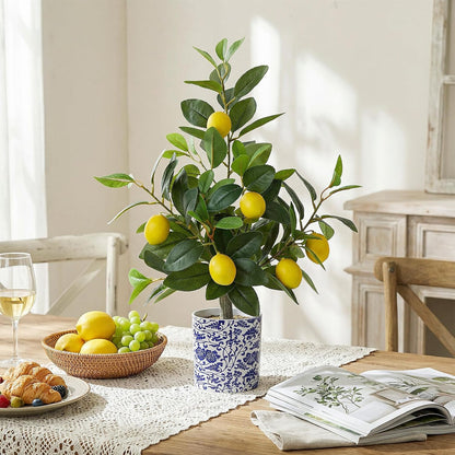 2 Pack Artificial Lemon Tree with Blue and White Vase 22 Inch Fake Faux Lemon Tree in Pot Amalfi Coast Party Table Centerpiece Plants Decor for Capri Mediterranean Wedding Birthday Party