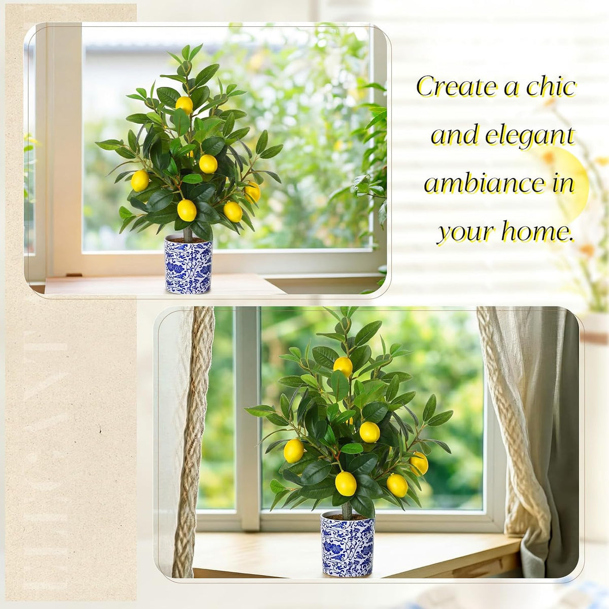 2 Pack Artificial Lemon Tree with Blue and White Vase 22 Inch Fake Faux Lemon Tree in Pot Amalfi Coast Party Table Centerpiece Plants Decor for Capri Mediterranean Wedding Birthday Party