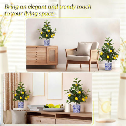 2 Pack Artificial Lemon Tree with Blue and White Vase 22 Inch Fake Faux Lemon Tree in Pot Amalfi Coast Party Table Centerpiece Plants Decor for Capri Mediterranean Wedding Birthday Party