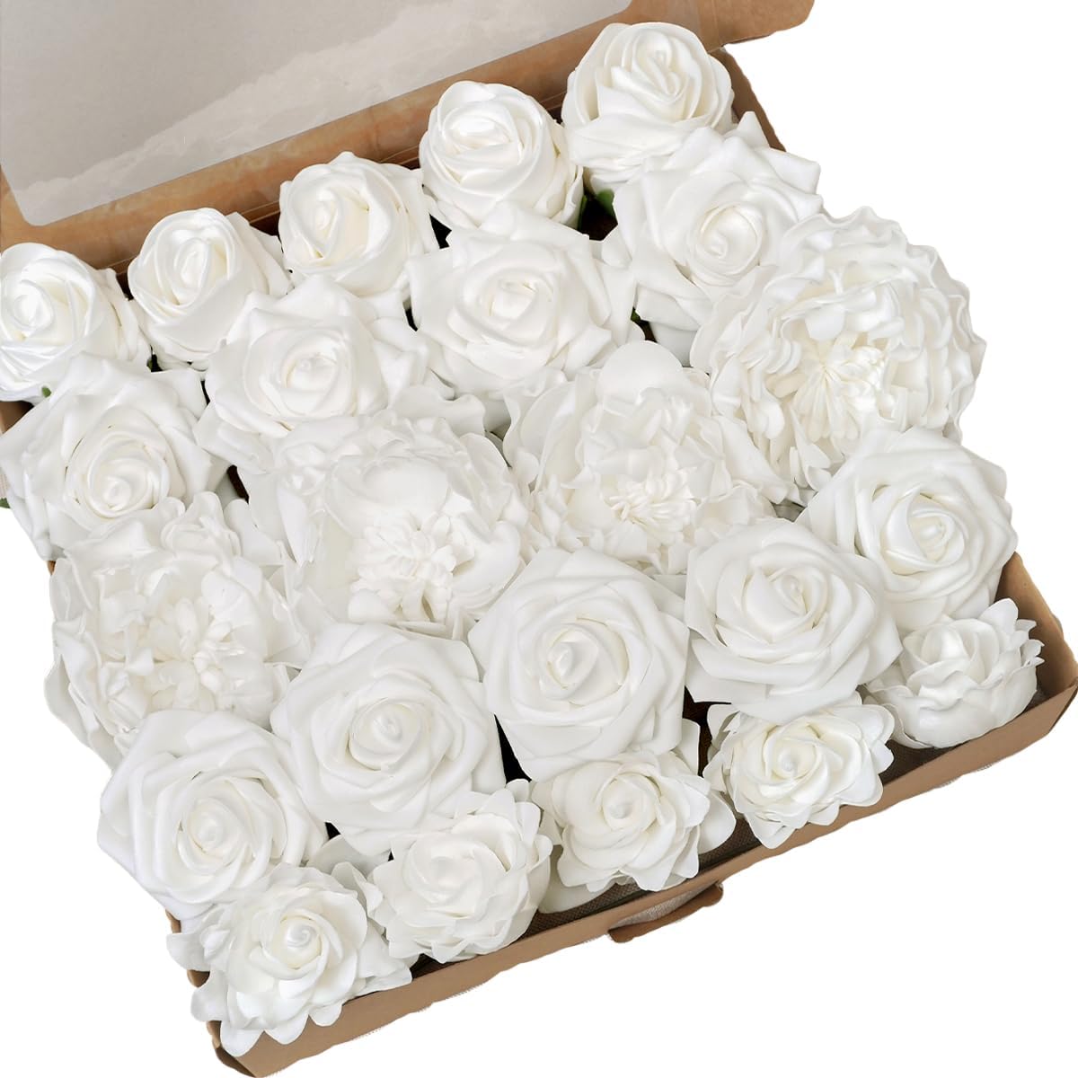23pcs White Artificial Flowers Combo Box - Lifelike Premium Foam Peonies, Roses & Gardenias with Stems - DIY Wedding Bouquets, Centerpieces, Bridal Shower Decor & Bulk Fake Flowers