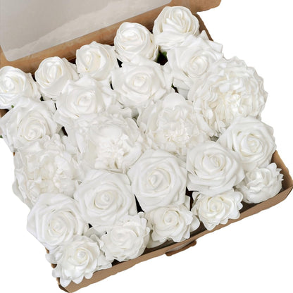 23pcs White Artificial Flowers Combo Box - Lifelike Premium Foam Peonies, Roses & Gardenias with Stems - DIY Wedding Bouquets, Centerpieces, Bridal Shower Decor & Bulk Fake Flowers