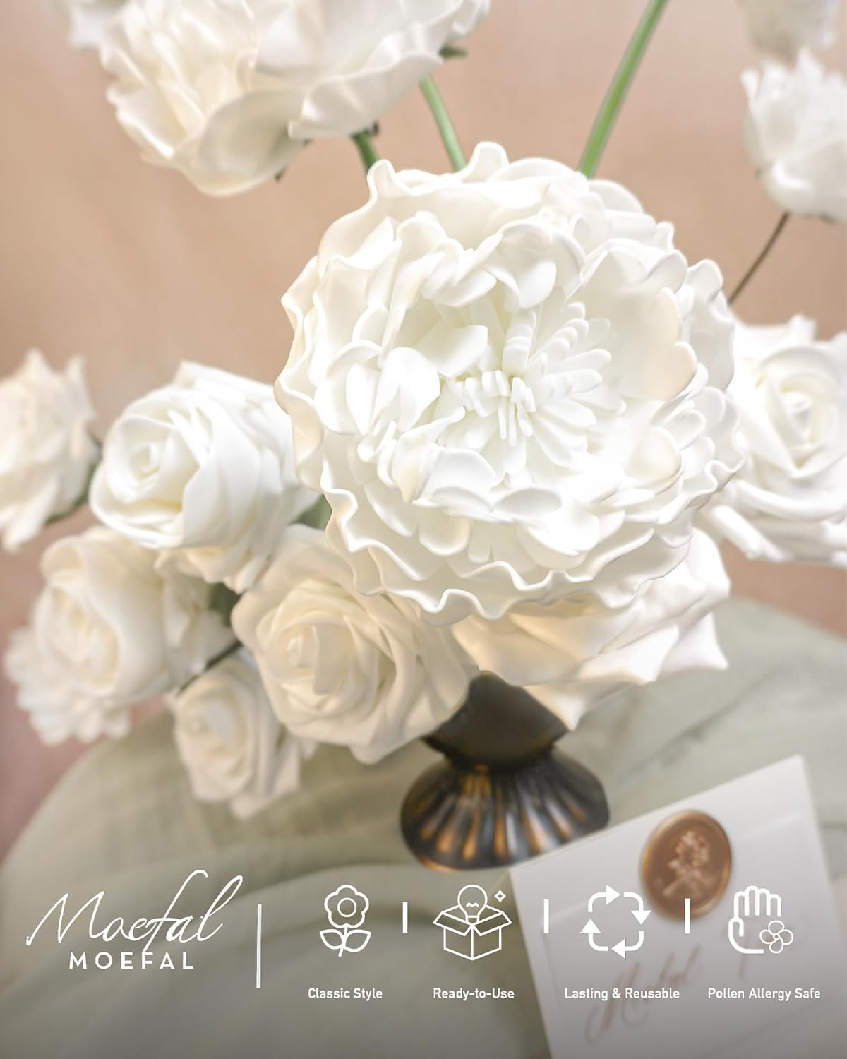 23pcs White Artificial Flowers Combo Box - Lifelike Premium Foam Peonies, Roses & Gardenias with Stems - DIY Wedding Bouquets, Centerpieces, Bridal Shower Decor & Bulk Fake Flowers