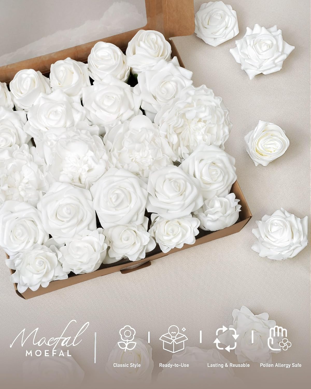 23pcs White Artificial Flowers Combo Box - Lifelike Premium Foam Peonies, Roses & Gardenias with Stems - DIY Wedding Bouquets, Centerpieces, Bridal Shower Decor & Bulk Fake Flowers