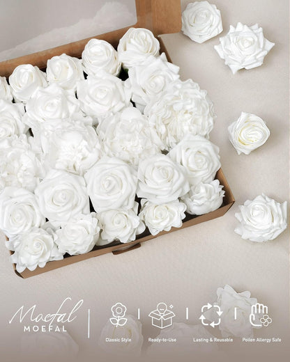 23pcs White Artificial Flowers Combo Box - Lifelike Premium Foam Peonies, Roses & Gardenias with Stems - DIY Wedding Bouquets, Centerpieces, Bridal Shower Decor & Bulk Fake Flowers