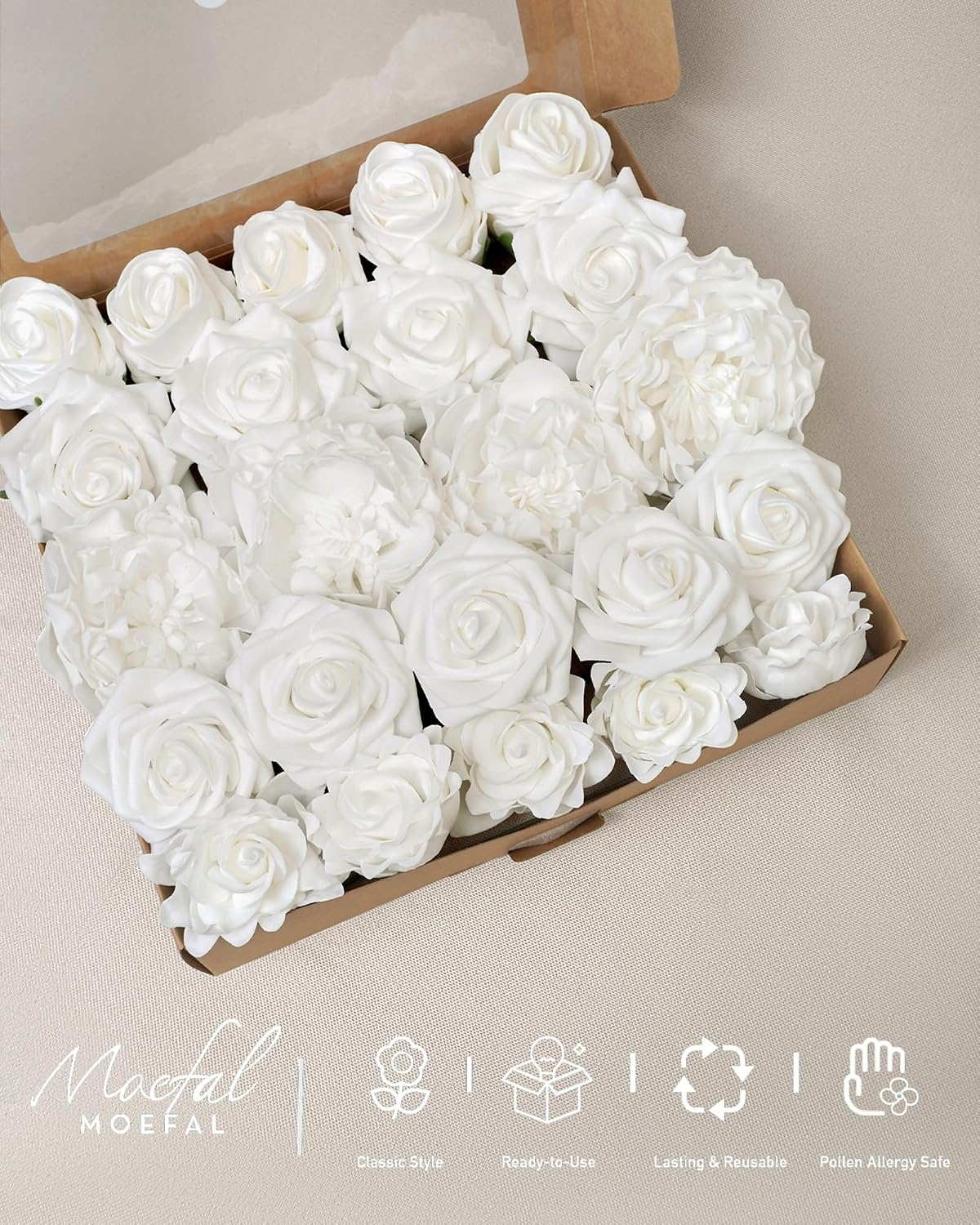 23pcs White Artificial Flowers Combo Box - Lifelike Premium Foam Peonies, Roses & Gardenias with Stems - DIY Wedding Bouquets, Centerpieces, Bridal Shower Decor & Bulk Fake Flowers