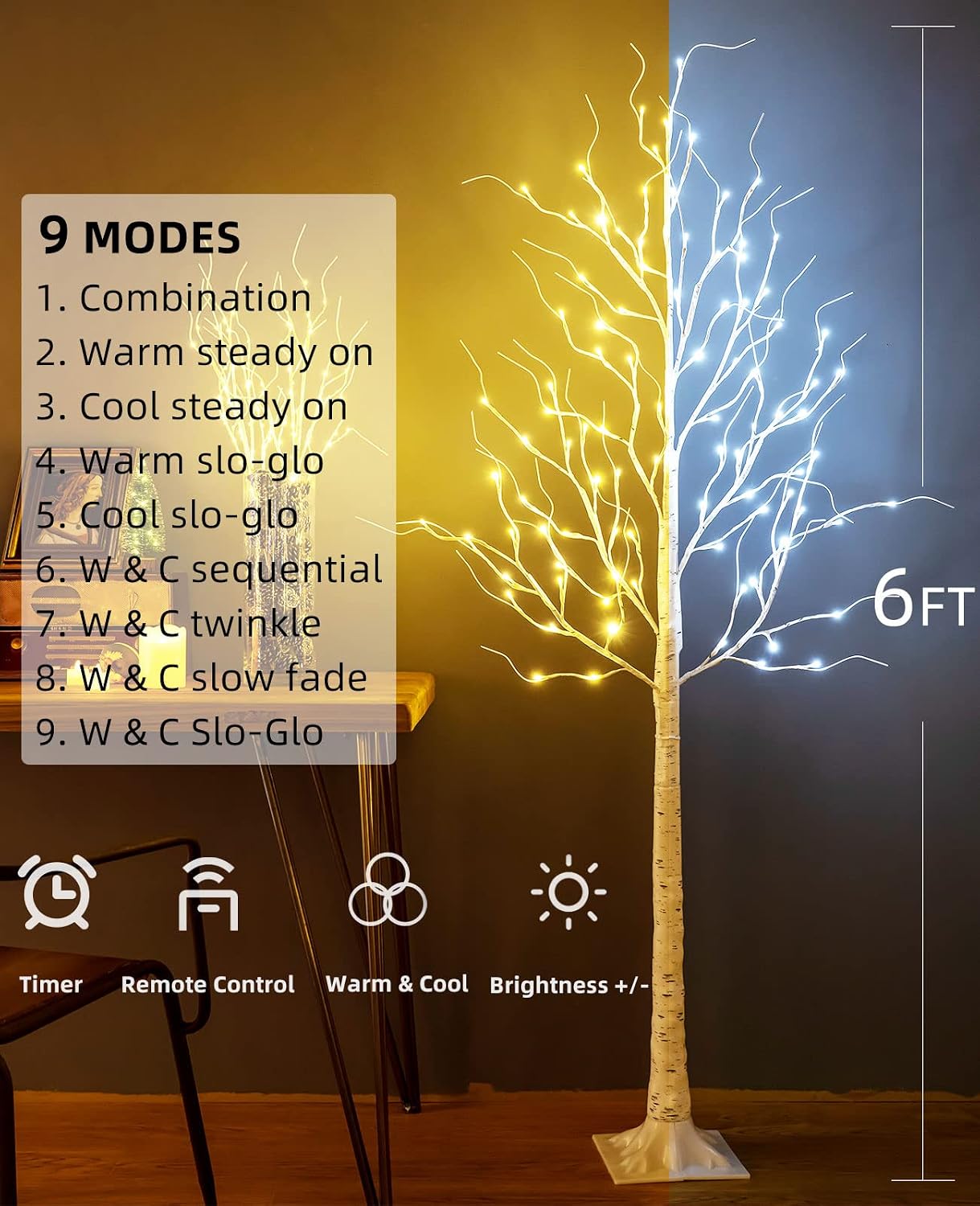 Lighted Birch Tree, 6ft 96LED Birch Tree Lights,Artificial Twig Tree Light 9Modes Timer for Indoor Outdoor Christmas Halloween Easter Tree Home Party Wedding Decor,Warm & Cool White