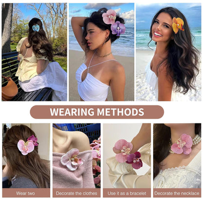 8pcs Hawaiian Flower Hair Clips, Bohemian Orchid Hairpin, Artificial Tropical Phalaenopsis Hair Barrette Hibiscus Hair Clips for Seaside Holiday, Bridal Hair Accessories Pins Headwear for Women Girl