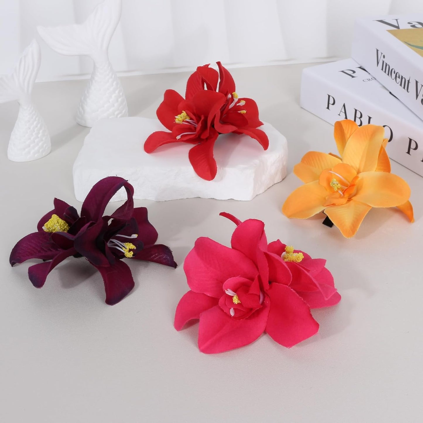 8pcs Hawaiian Flower Hair Clips, Bohemian Orchid Hairpin, Artificial Tropical Phalaenopsis Hair Barrette Hibiscus Hair Clips for Seaside Holiday, Bridal Hair Accessories Pins Headwear for Women Girl