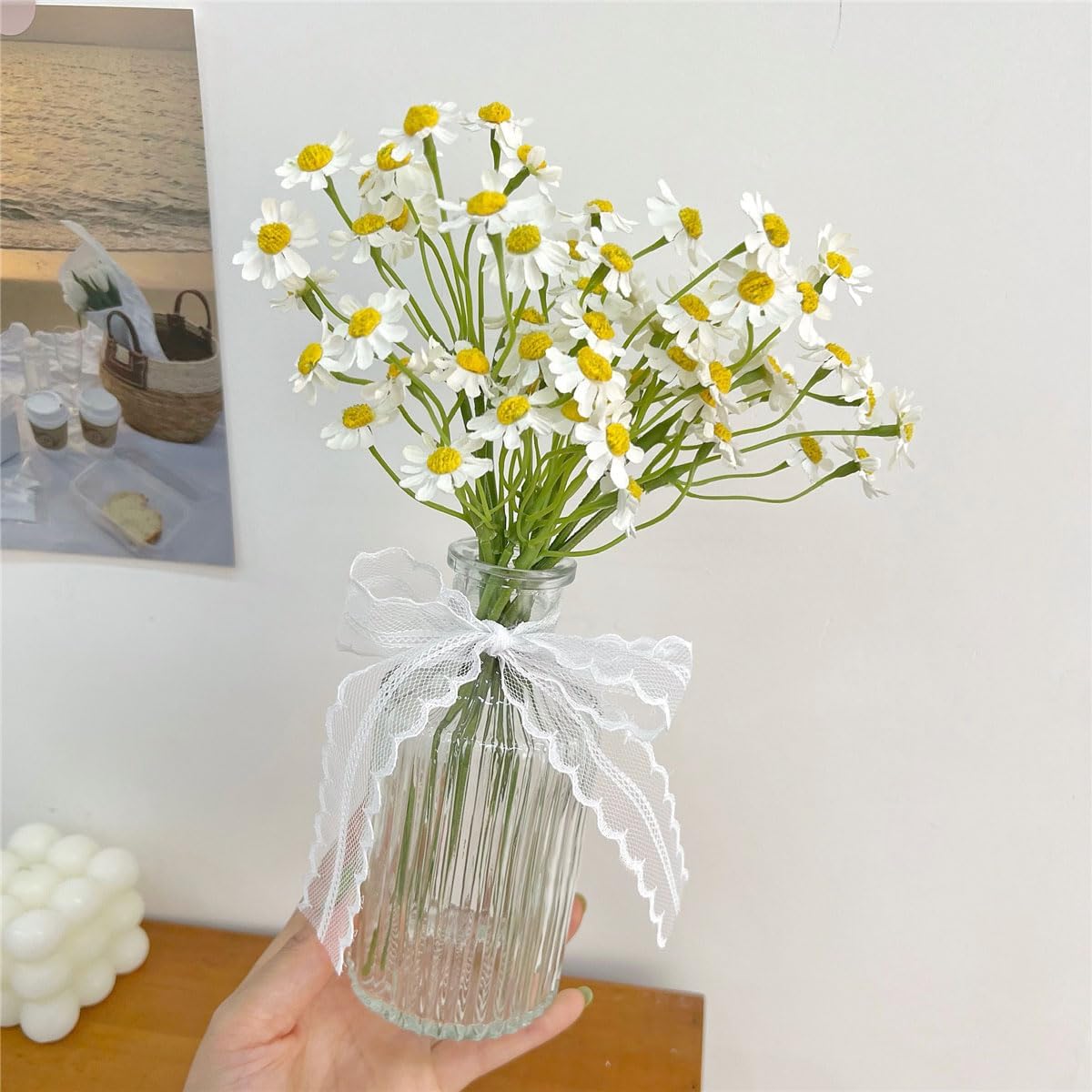 Small White Daisy Flowers Artificial,6 Bouquet/ 10 Inch Fake Daisies