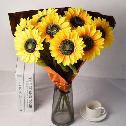 Multicolor Artificial Sunflower Flowers Long Stem Large Silk Sunflowers Bridal Wedding Bouquet 6pcs Fake Yellow Flower Arrangements for Outdoor