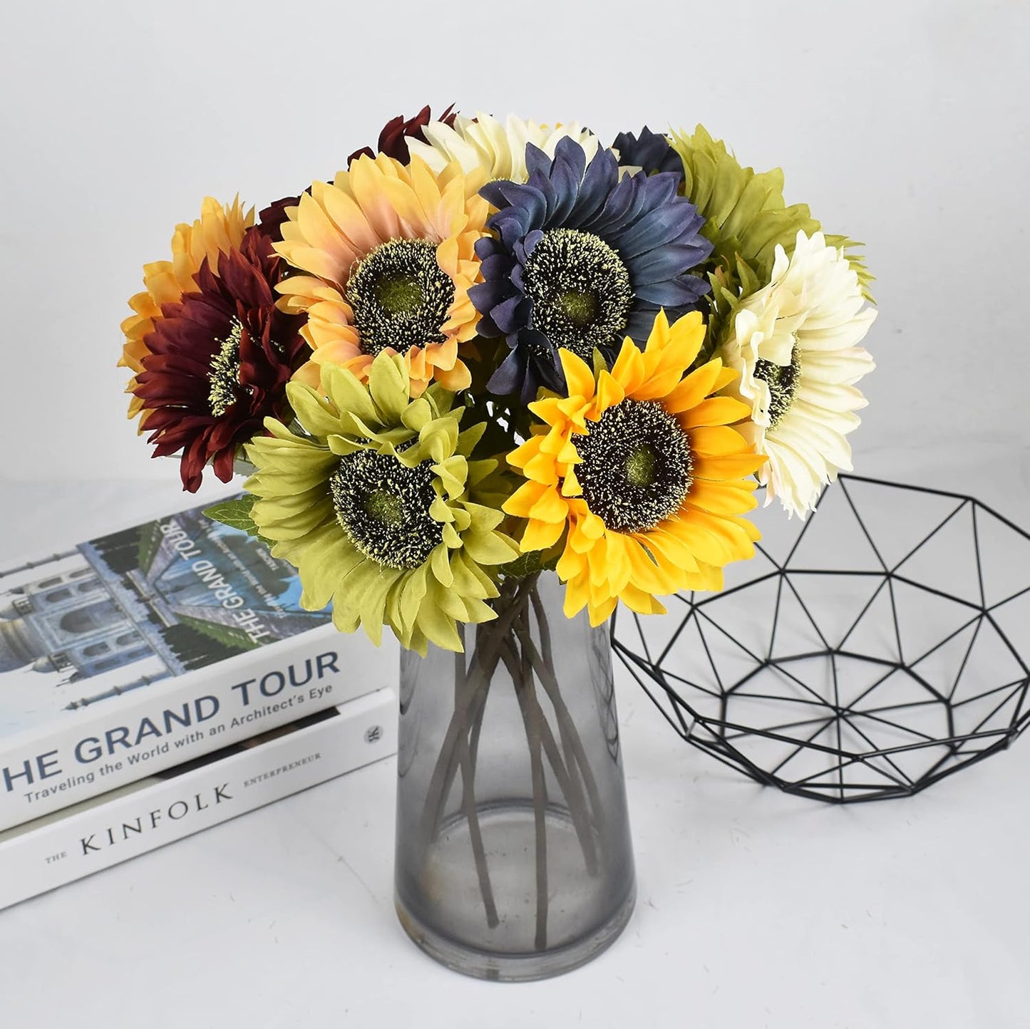 Multicolor Artificial Sunflower Flowers Long Stem Large Silk Sunflowers Bridal Wedding Bouquet 6pcs Fake Yellow Flower Arrangements for Outdoor