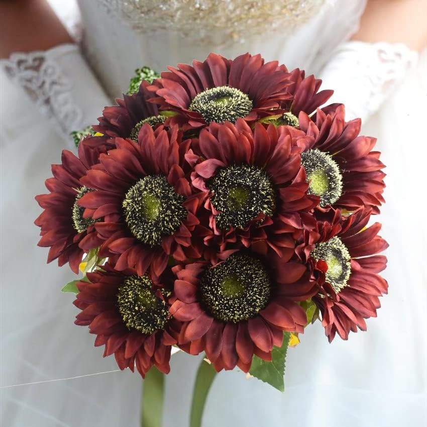 Multicolor Artificial Sunflower Flowers Long Stem Large Silk Sunflowers Bridal Wedding Bouquet 6pcs Fake Yellow Flower Arrangements for Outdoor