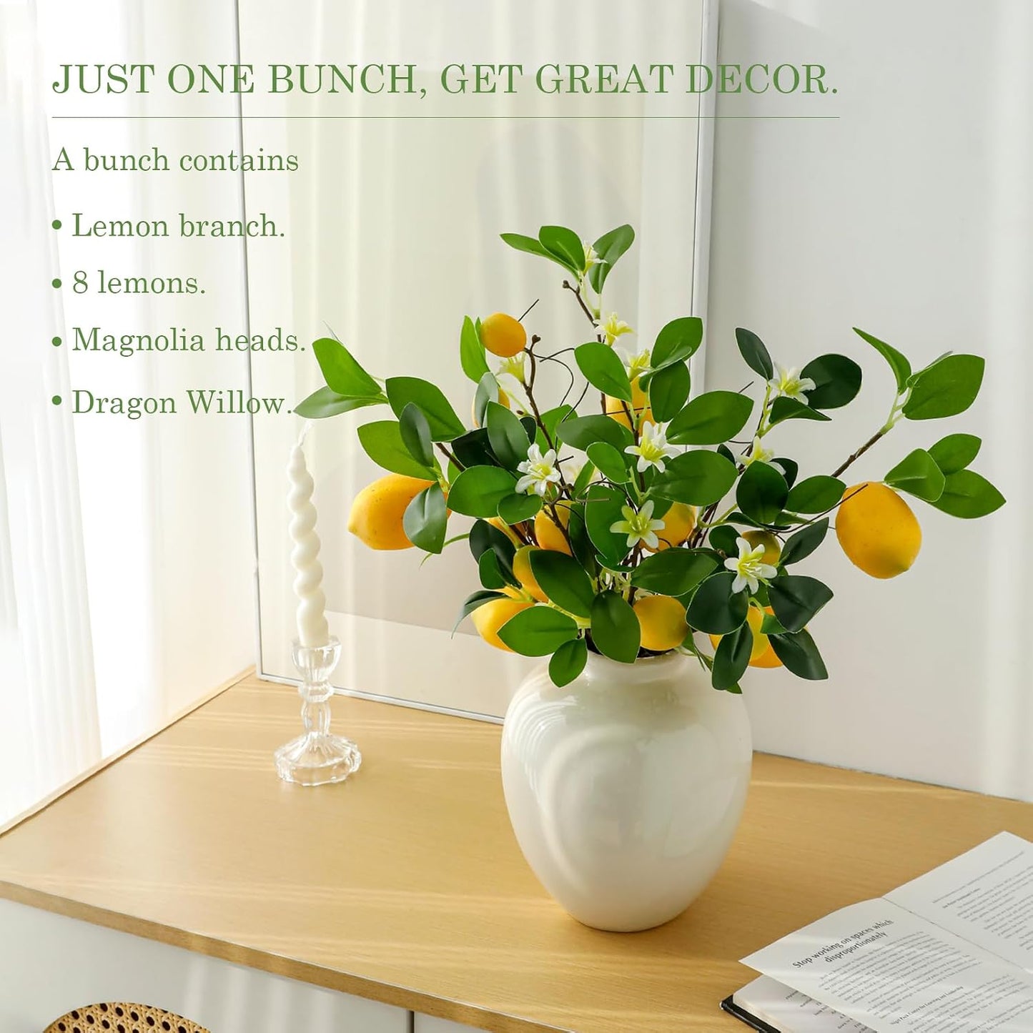 2 Bunches Artificial Lemons Branches, 16 Heads Fake Lemon Branches with Lemons for Vase, Realistic Fake Lemon Decoration for Farmhouse Style Party Table Centerpiece and Home Decor