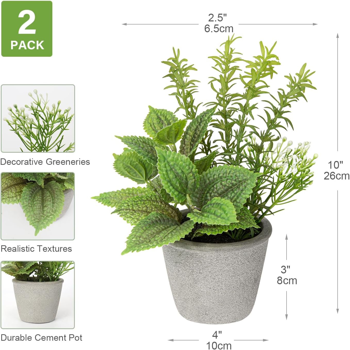 Set of 2 Fake Plants Artificial Potted Plants Faux Mint & Rosemary Plants Indoor for Home Farmhouse Rustic Shelf Coffee Table Cabinet Decor