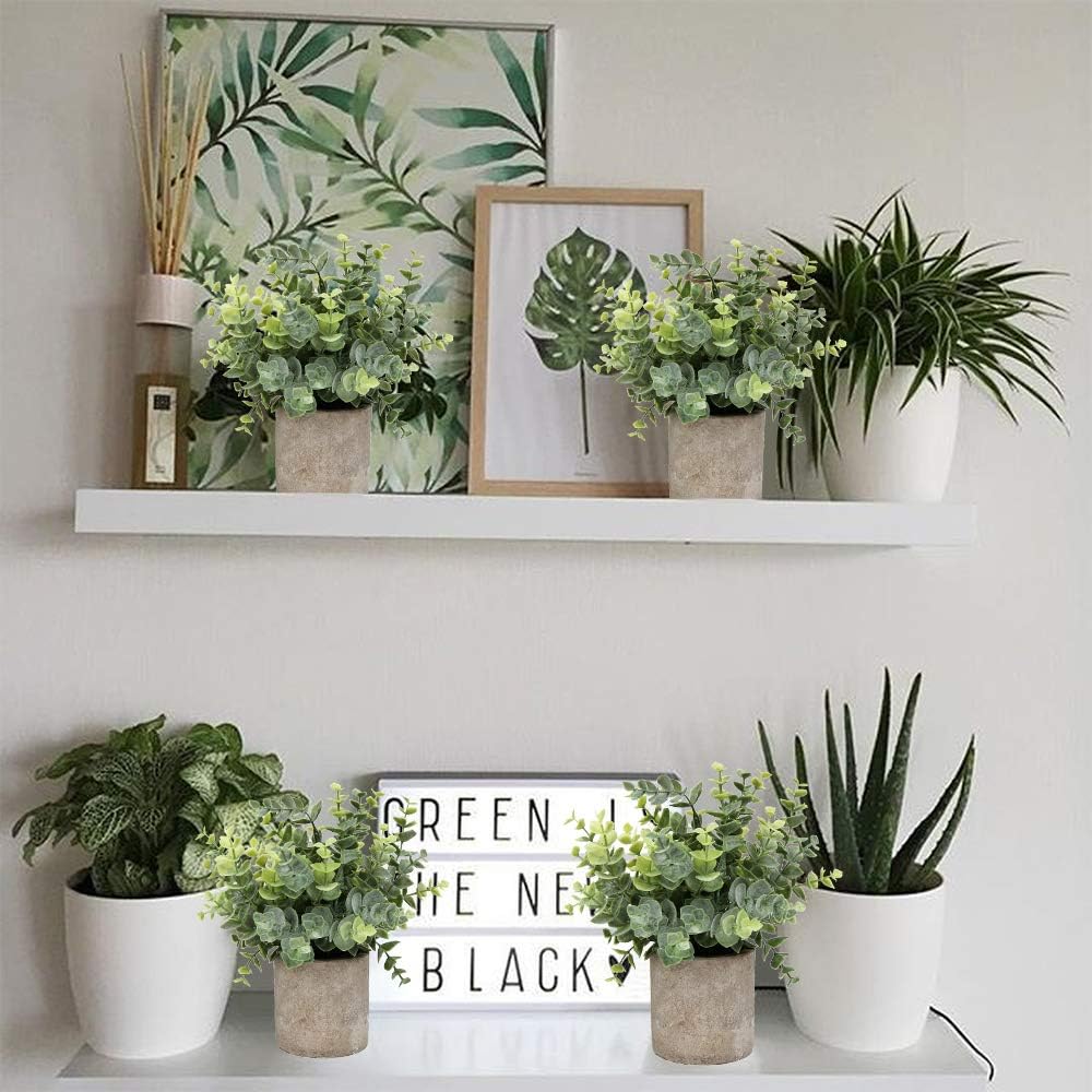 Mini Potted Plants Artificial Eucalyptus Boxwood Rosemary Faux Herbs Small House Plants 8.3"-9" Tall for Indoor Greenery Tabletop Décor Centerpiece (Sprayed Eucalyptus)