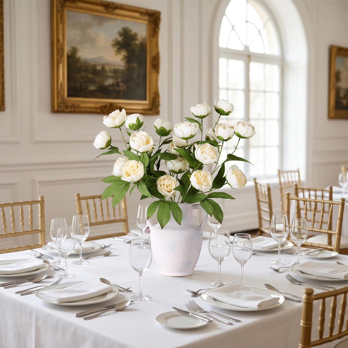 6 Pcs Peonies Artificial Flowers 27" Faux Flowers for Vase, Champagne