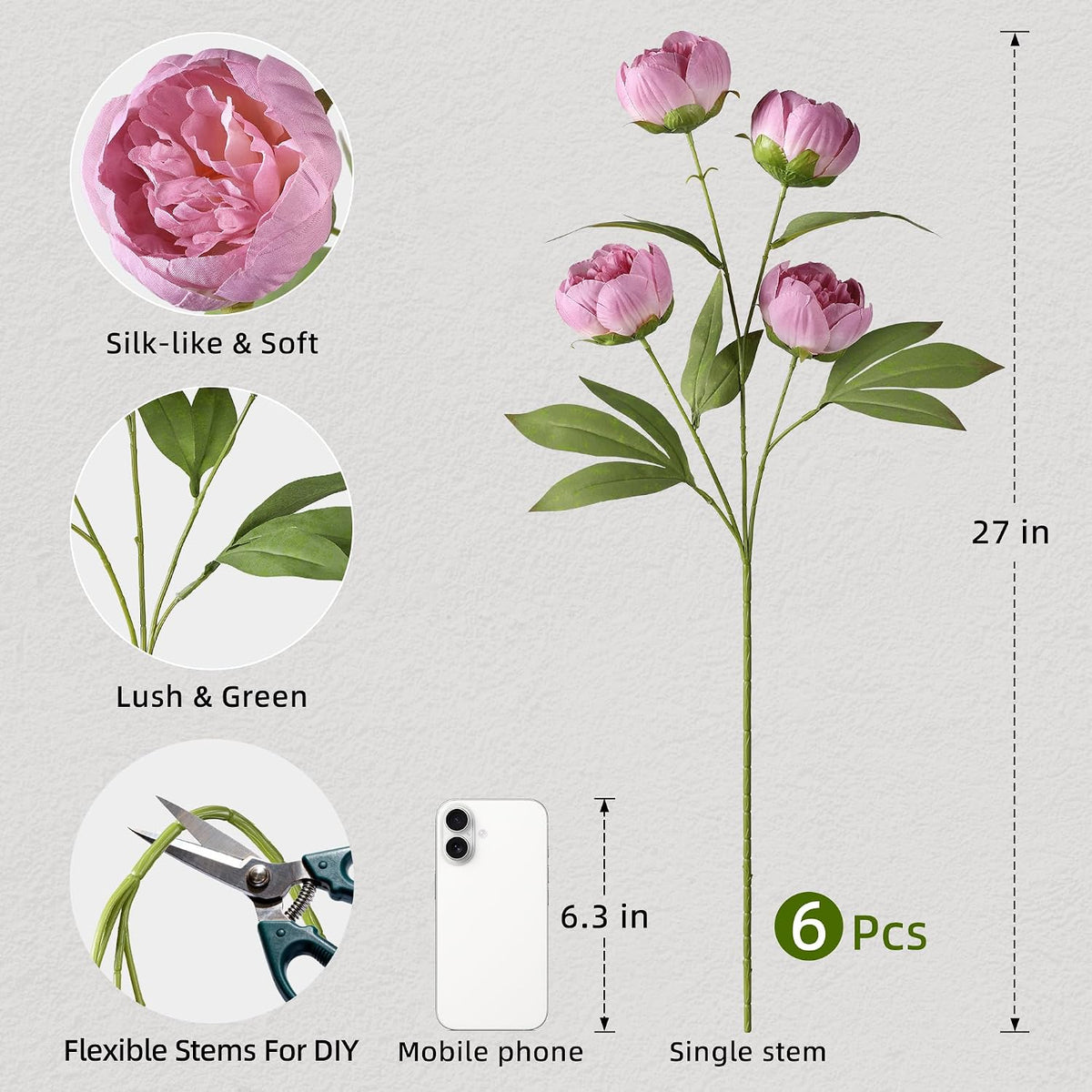 6 Pcs Peonies Artificial Flowers 27" Faux Flowers for Vase, Champagne