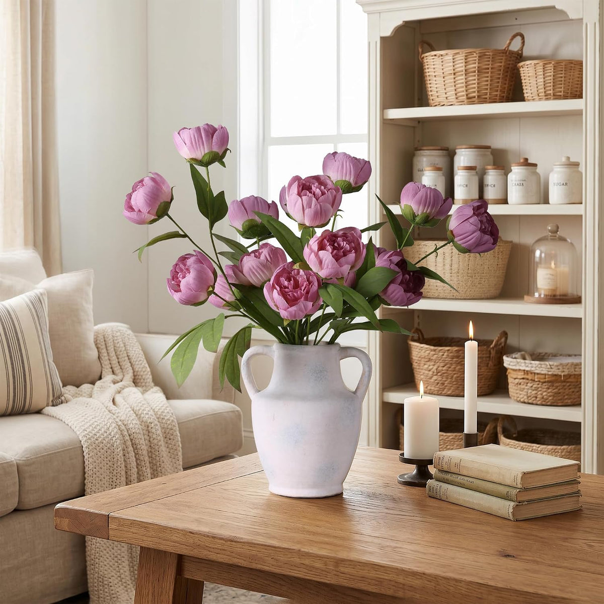 6 Pcs Peonies Artificial Flowers 27" Faux Flowers for Vase, Champagne