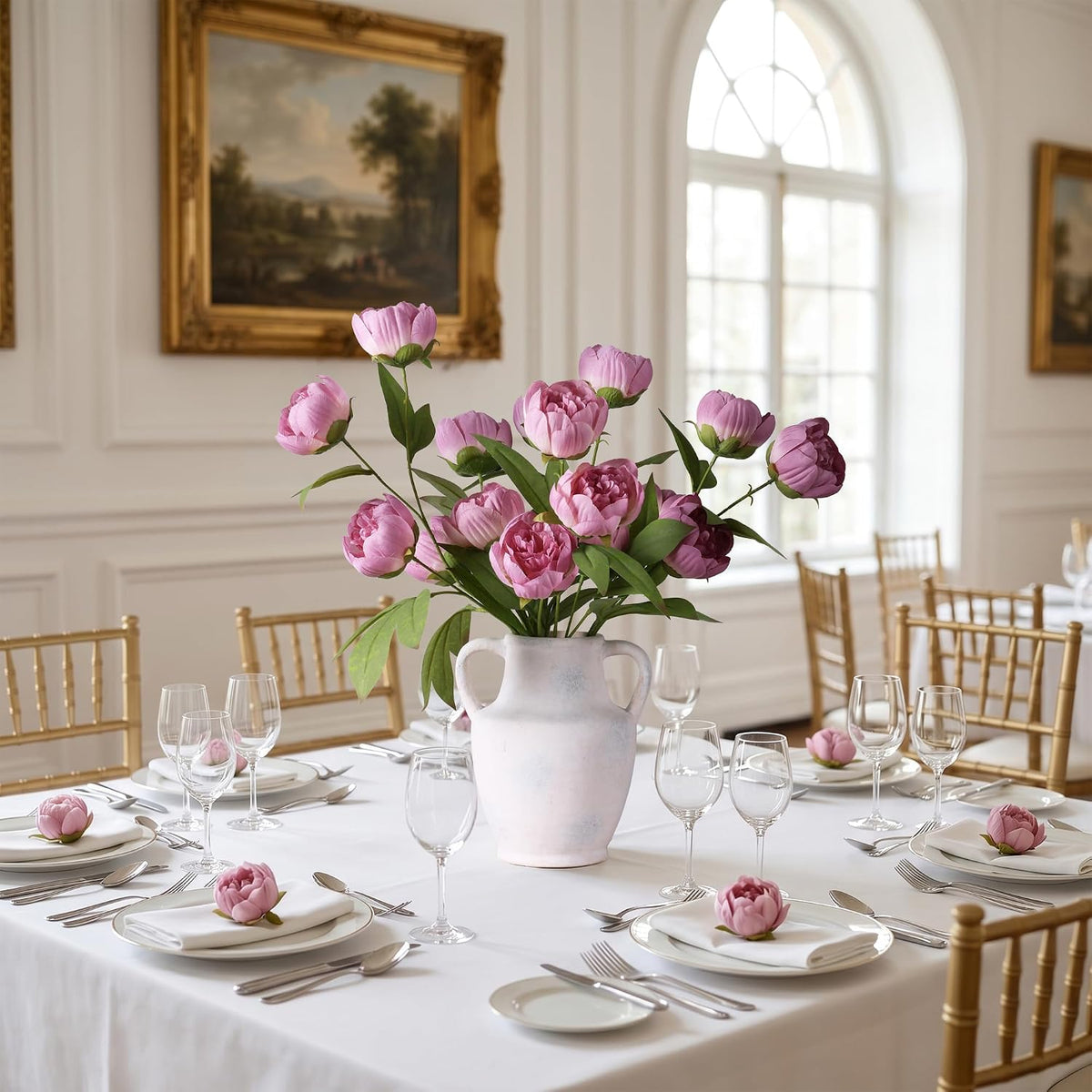 6 Pcs Peonies Artificial Flowers 27" Faux Flowers for Vase, Champagne