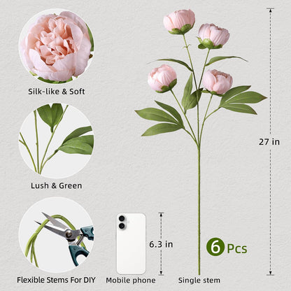 6 Pcs Peonies Artificial Flowers 27" Faux Flowers for Vase, Champagne
