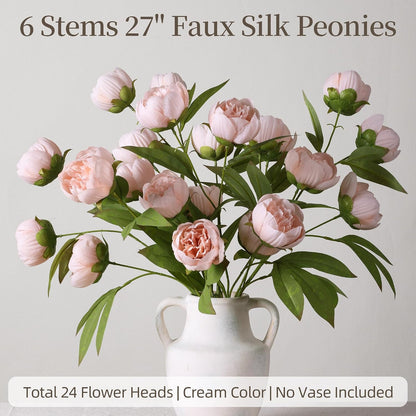 6 Pcs Peonies Artificial Flowers 27" Faux Flowers for Vase, Champagne