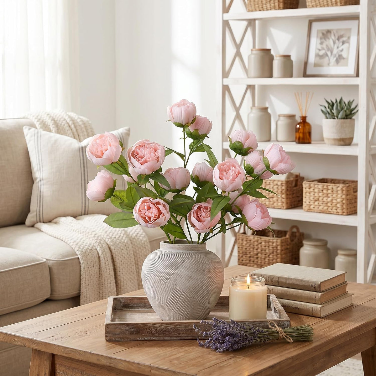 6 Pcs Peonies Artificial Flowers 27" Faux Flowers for Vase, Champagne
