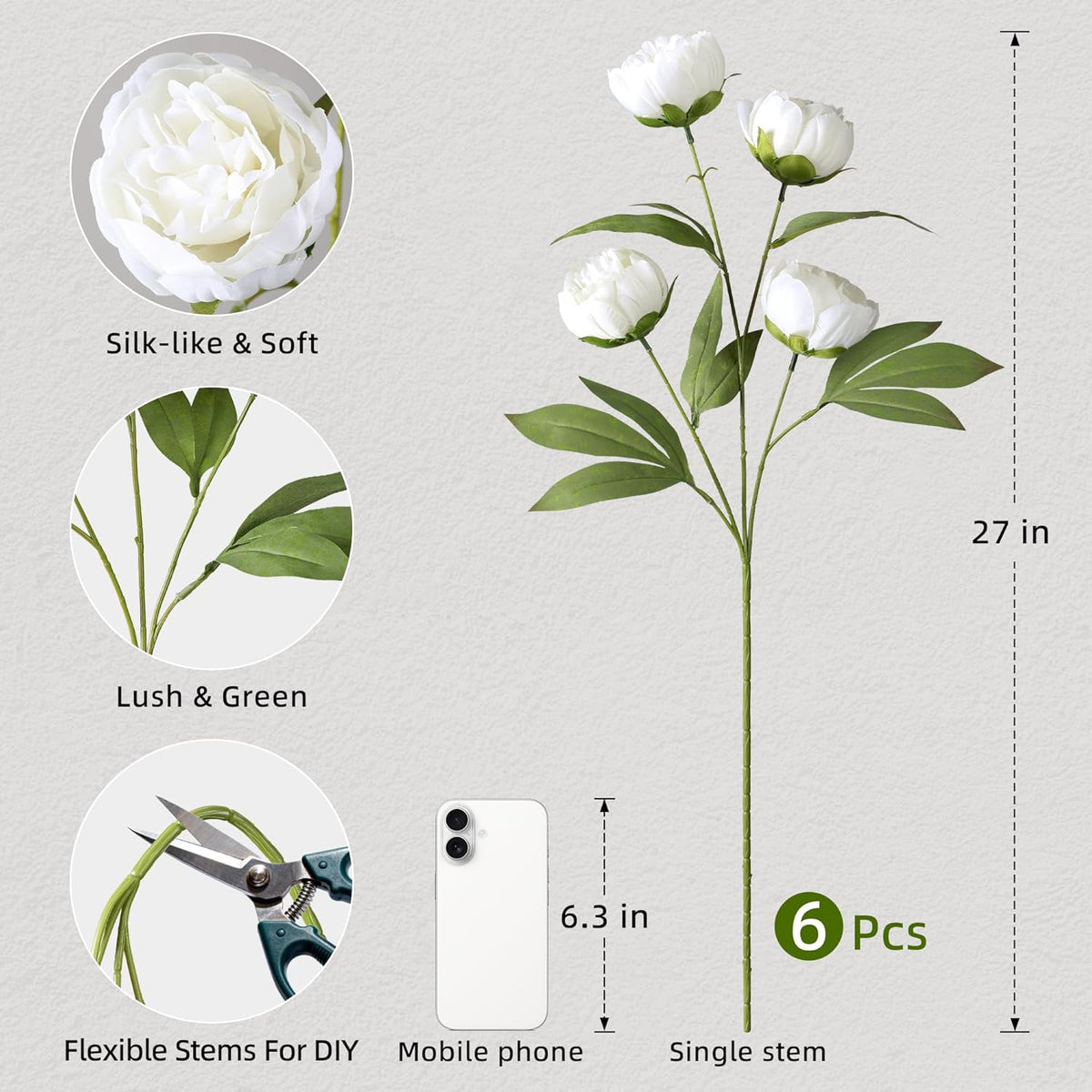 6 Pcs Peonies Artificial Flowers 27" Faux Flowers for Vase, Champagne