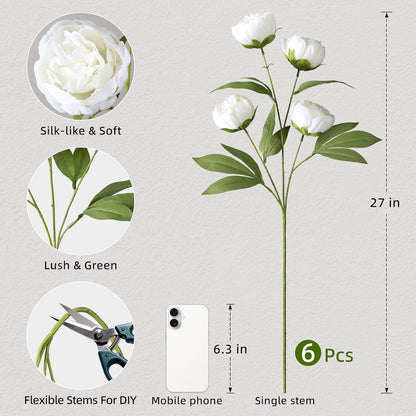 6 Pcs Peonies Artificial Flowers 27" Faux Flowers for Vase, Champagne