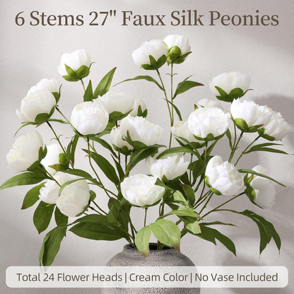 6 Pcs Peonies Artificial Flowers 27" Faux Flowers for Vase, Champagne