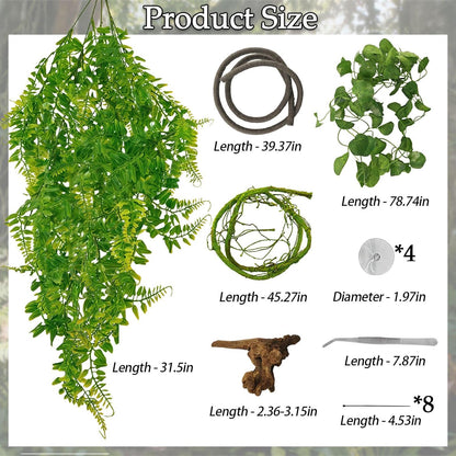 8 Pcs Reptile Plants for Terrarium Bearded Dragon Tank Accessories Artificial Hanging Reptile Vine Jungle Climbing Plant Vines Terrarium Decorations for Snakes Geckos Lizards Chameleons