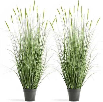 Faux 4ft 2-Pack Horsetail Reed Grass with Green Spikes, 48in Tall Indoor Outdoor Fake Grass in Pot, Home Office Decorative Artificial Plant & Greenery, Wedding Decor Bristlegrass
