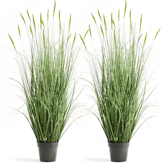 Faux 4ft 2-Pack Horsetail Reed Grass with Green Spikes, 48in Tall Indoor Outdoor Fake Grass in Pot, Home Office Decorative Artificial Plant & Greenery, Wedding Decor Bristlegrass