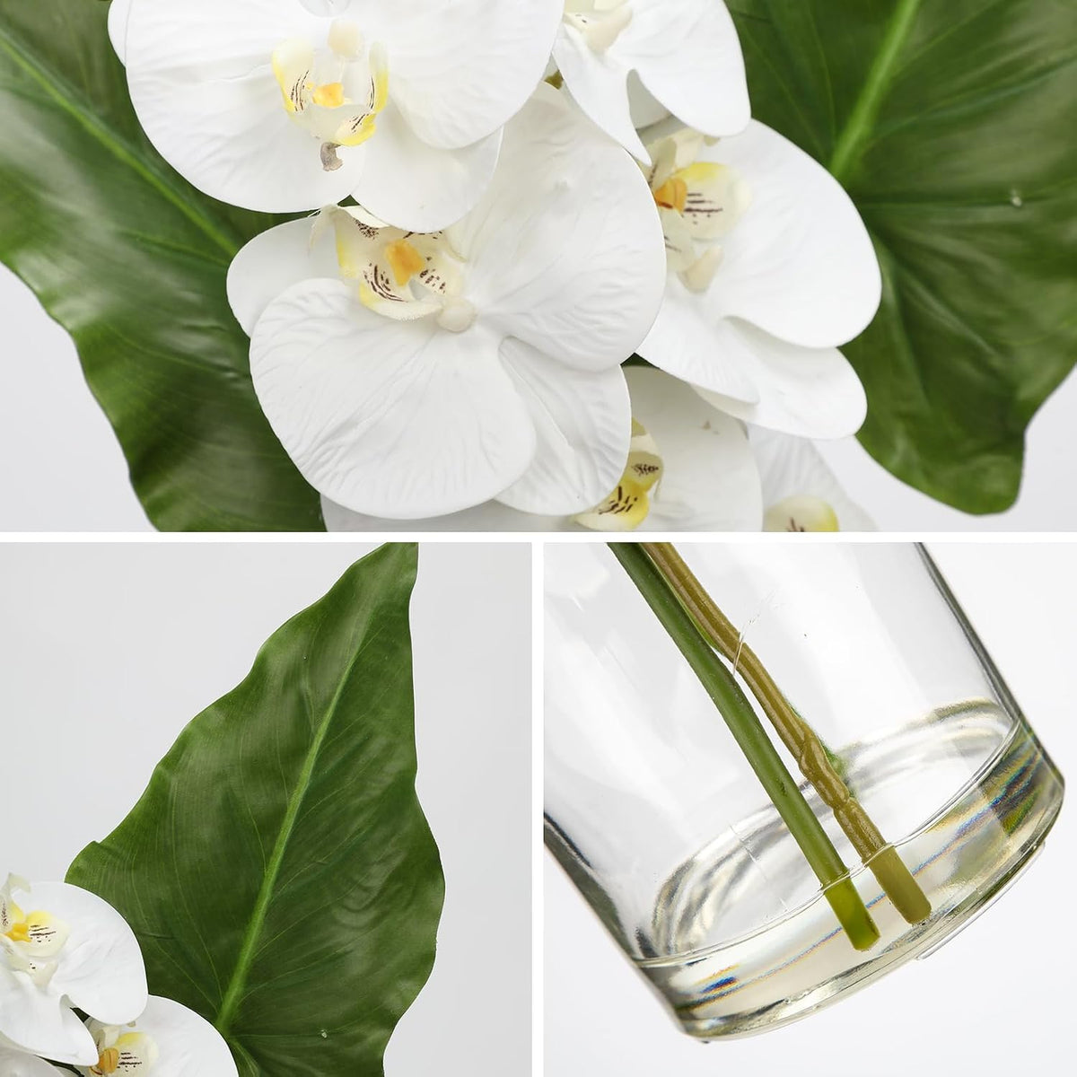 Faux Greenery Stems in Glass Vase with Faux Water, Silk Alocasia Realistic Fake Plants Artificial Tropical Leaves for Home Office Farmhouse Wedding Centerpiece Décor