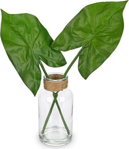 Faux Greenery Stems in Glass Vase with Faux Water, Silk Alocasia Realistic Fake Plants Artificial Tropical Leaves for Home Office Farmhouse Wedding Centerpiece Décor