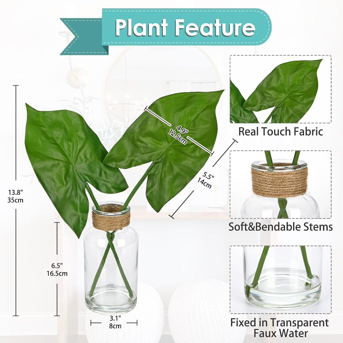 Faux Greenery Stems in Glass Vase with Faux Water, Silk Alocasia Realistic Fake Plants Artificial Tropical Leaves for Home Office Farmhouse Wedding Centerpiece Décor