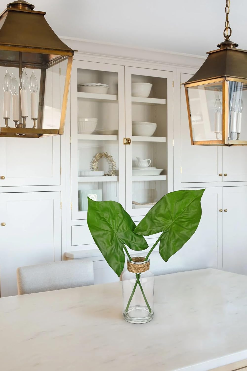 Faux Greenery Stems in Glass Vase with Faux Water, Silk Alocasia Realistic Fake Plants Artificial Tropical Leaves for Home Office Farmhouse Wedding Centerpiece Décor