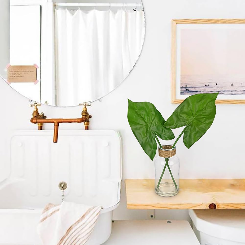 Faux Greenery Stems in Glass Vase with Faux Water, Silk Alocasia Realistic Fake Plants Artificial Tropical Leaves for Home Office Farmhouse Wedding Centerpiece Décor