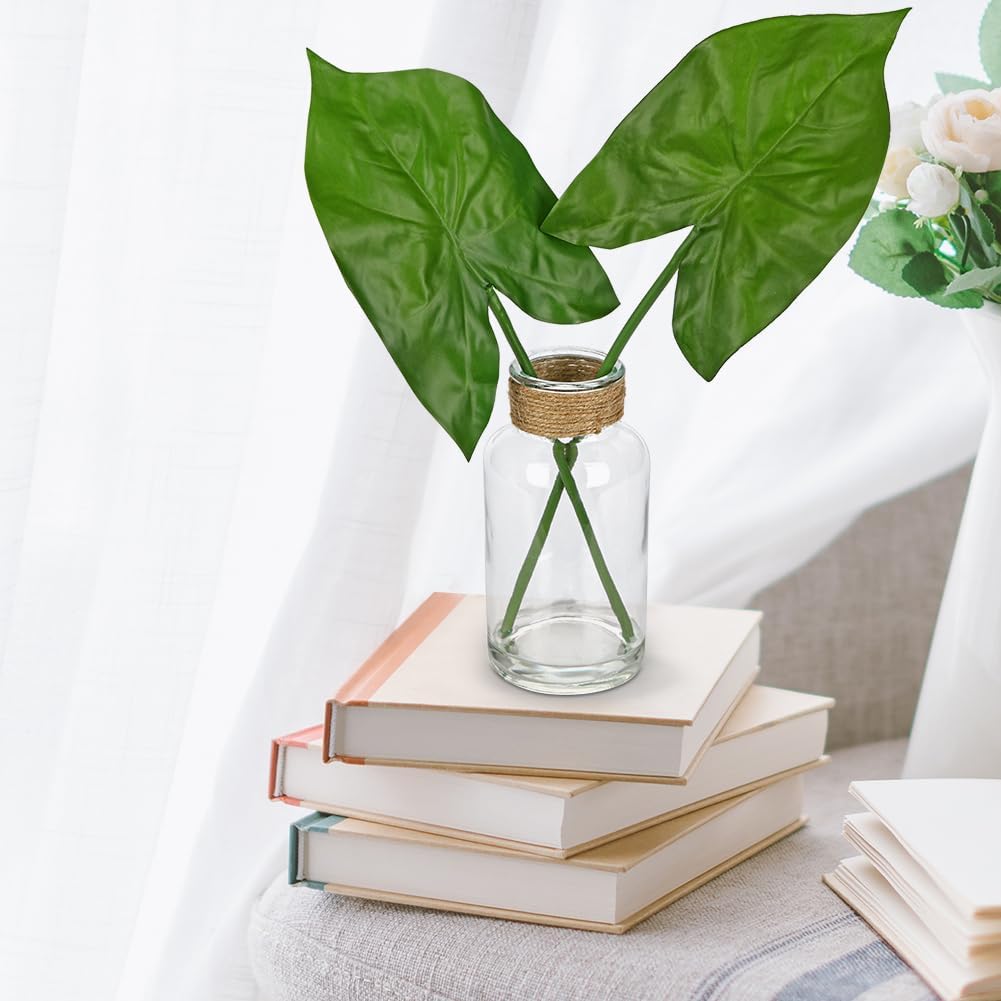 Faux Greenery Stems in Glass Vase with Faux Water, Silk Alocasia Realistic Fake Plants Artificial Tropical Leaves for Home Office Farmhouse Wedding Centerpiece Décor