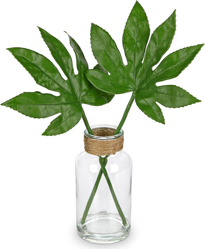Faux Greenery Stems in Glass Vase with Faux Water, Silk Alocasia Realistic Fake Plants Artificial Tropical Leaves for Home Office Farmhouse Wedding Centerpiece Décor