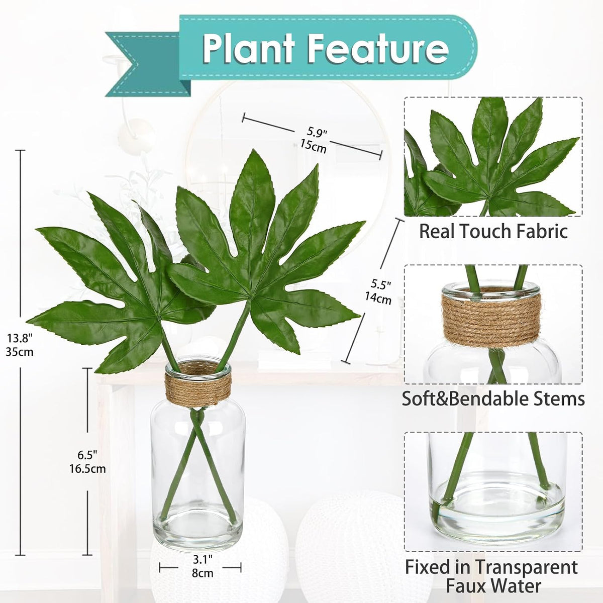 Faux Greenery Stems in Glass Vase with Faux Water, Silk Alocasia Realistic Fake Plants Artificial Tropical Leaves for Home Office Farmhouse Wedding Centerpiece Décor