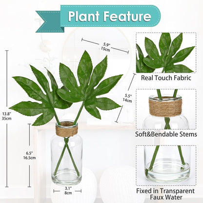 Faux Greenery Stems in Glass Vase with Faux Water, Silk Alocasia Realistic Fake Plants Artificial Tropical Leaves for Home Office Farmhouse Wedding Centerpiece Décor