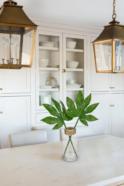Faux Greenery Stems in Glass Vase with Faux Water, Silk Alocasia Realistic Fake Plants Artificial Tropical Leaves for Home Office Farmhouse Wedding Centerpiece Décor